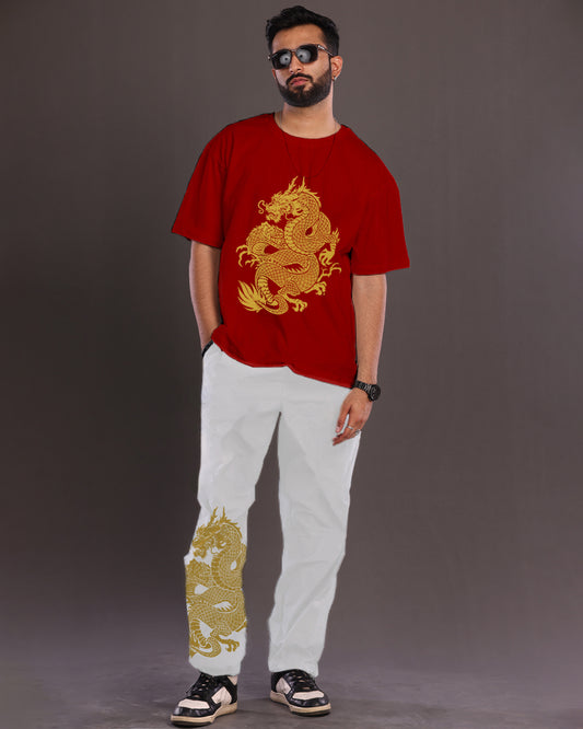 Dragon Saga: Men's Oversized Co Ord Set in Red and White