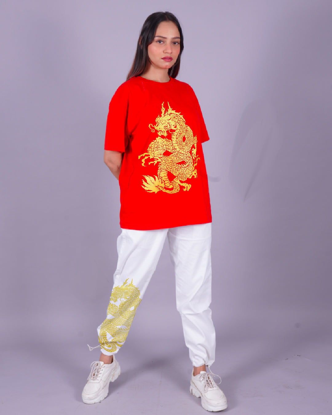 Women Dragon Oversized Co-Ord Set - Red and White