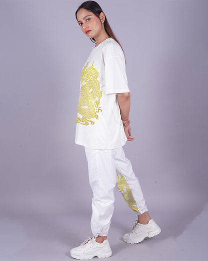 Women Dragon Oversized Co-Ord Set - White and White