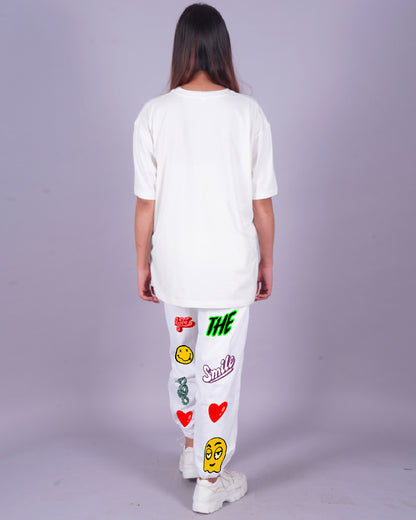 Women Goggy Love Smiley  Oversized Co-Ord Set - White and White