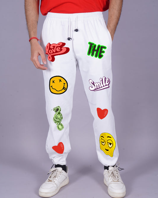 Men's White Cargo Pants - Love Smiley Design