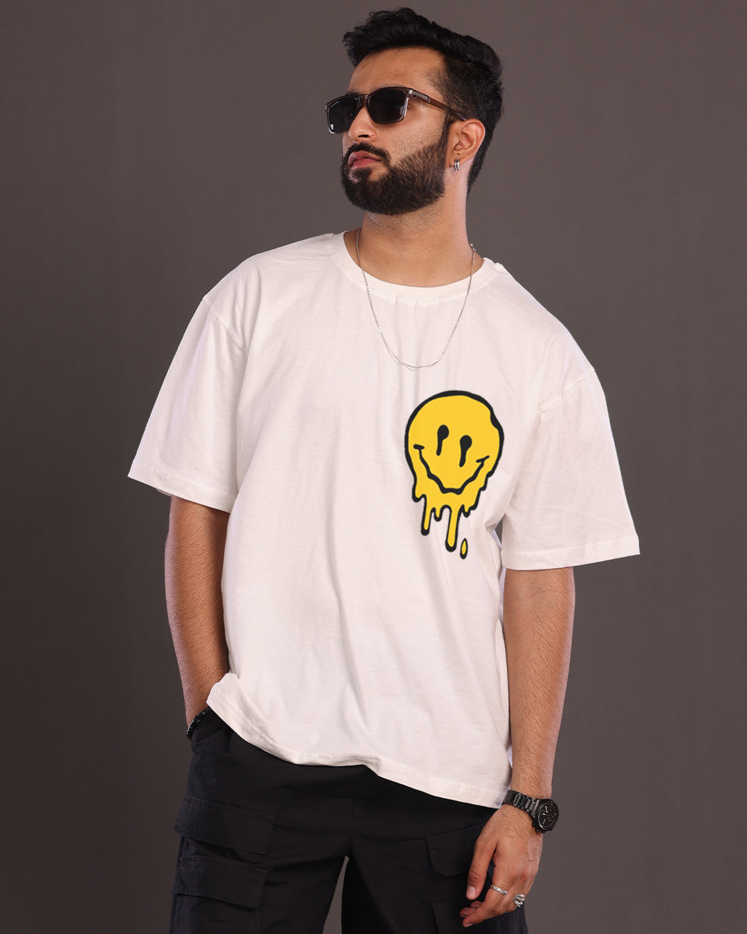 Spread Joy: Male Oversized White T-Shirt - Smiley Edition