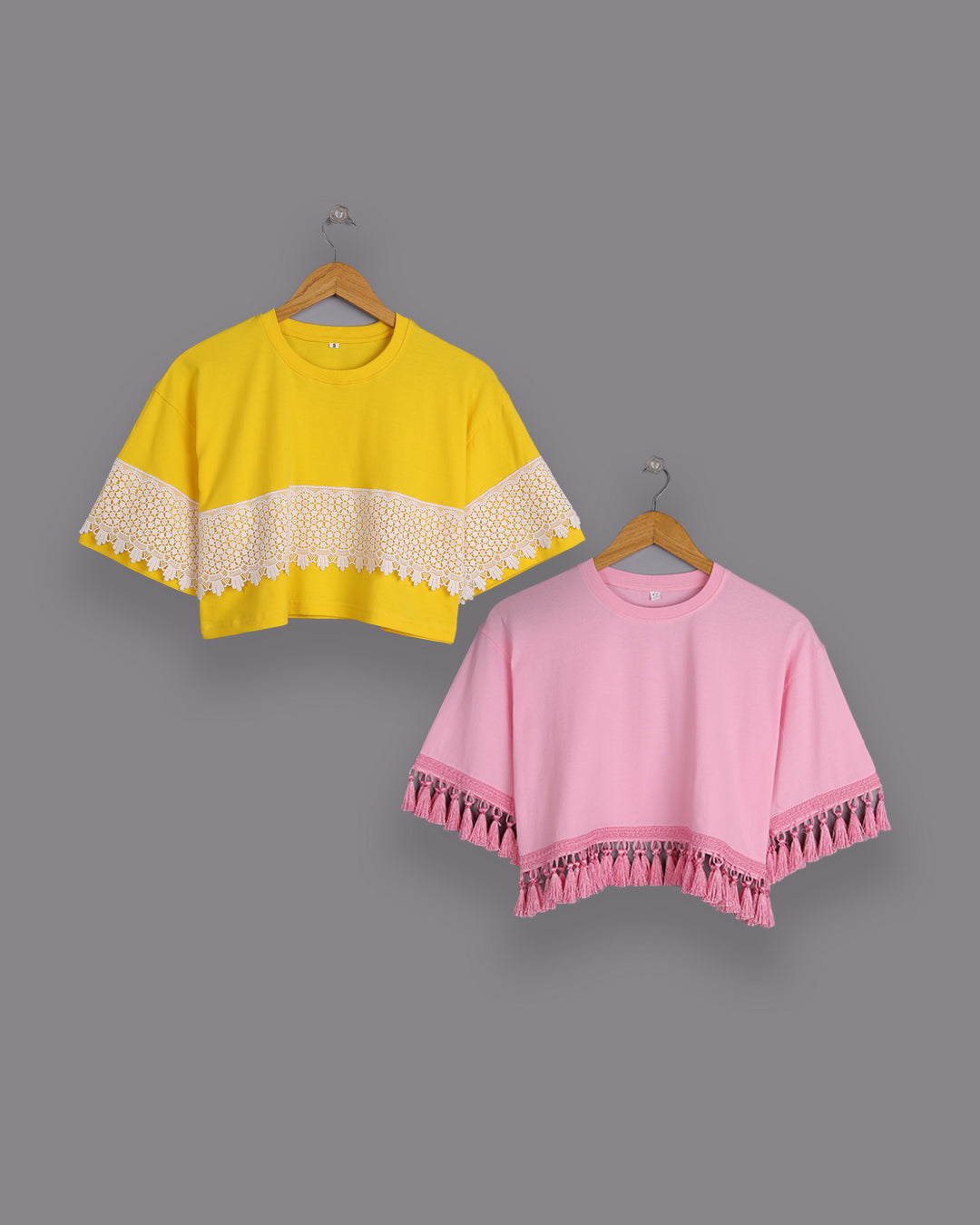 2 Oversized Women's Tops: Yellow with White Lace & Pink with Pink Tassels, 100% Cotton
