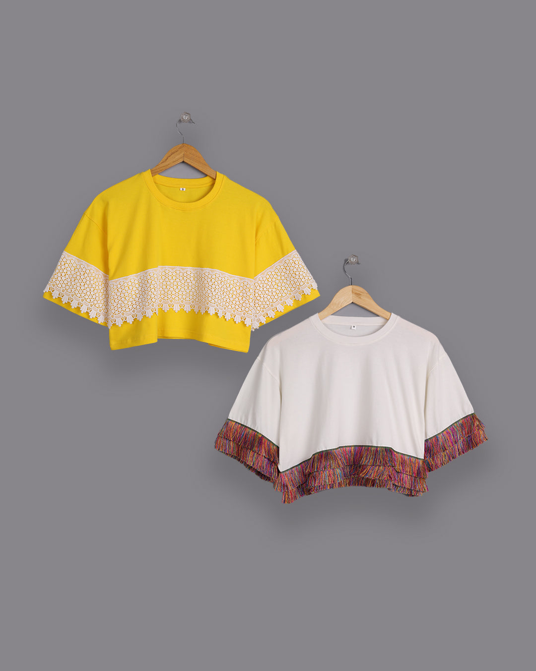 2 Women's Oversized Tops: Yellow Lace & Off-White Fringes, 100% Cotton