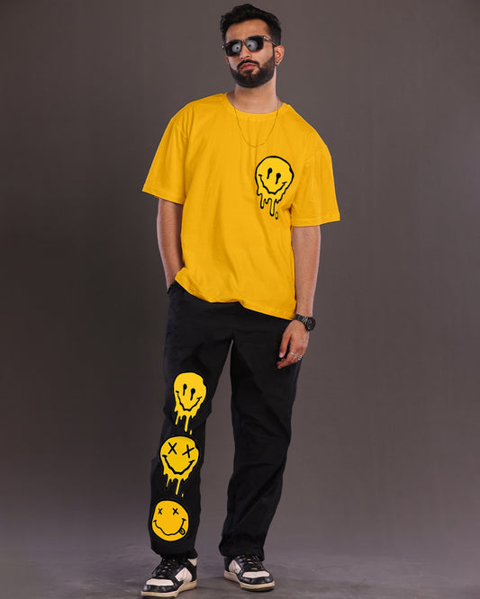 Men's Smiley Oversized Co-Ord Set - Yellow and Black