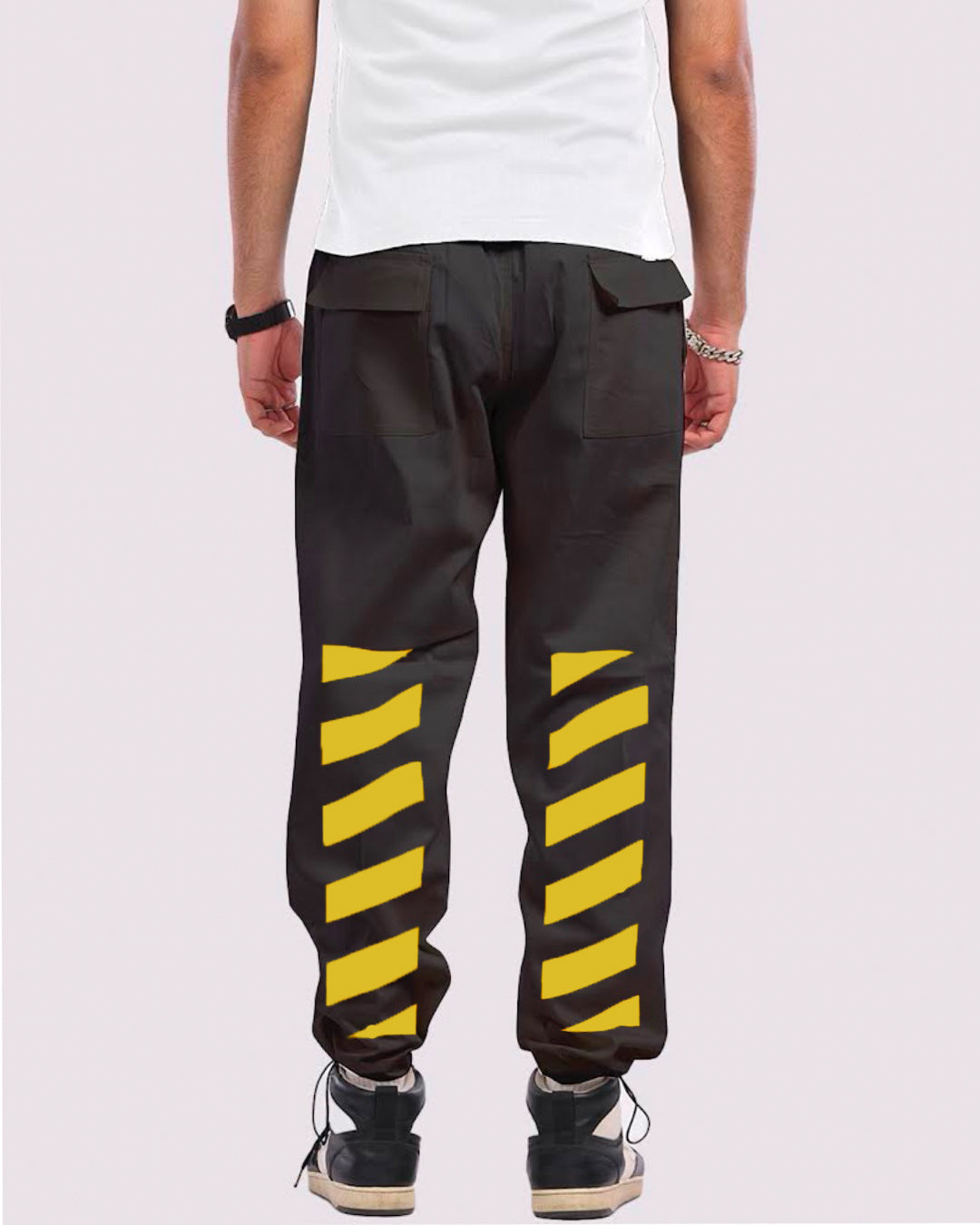 Men's Black Cargo Pants - Yellow Strip