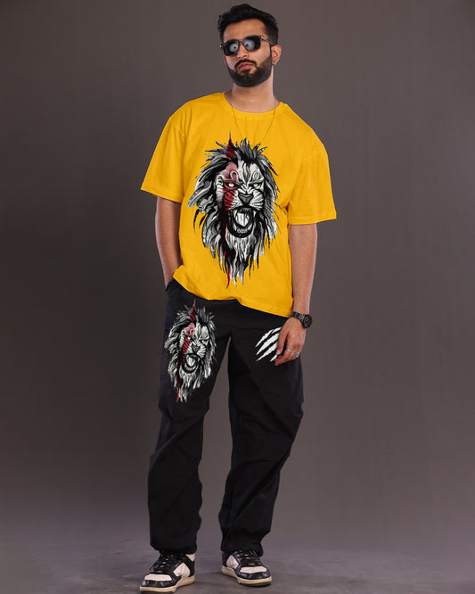 Stylish Yellow & Black Men's Lion Oversized Co-ord Set