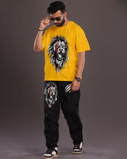 Stylish Yellow & Black Men's Lion Oversized Co-ord Set