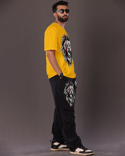 Stylish Yellow & Black Men's Lion Oversized Co-ord Set